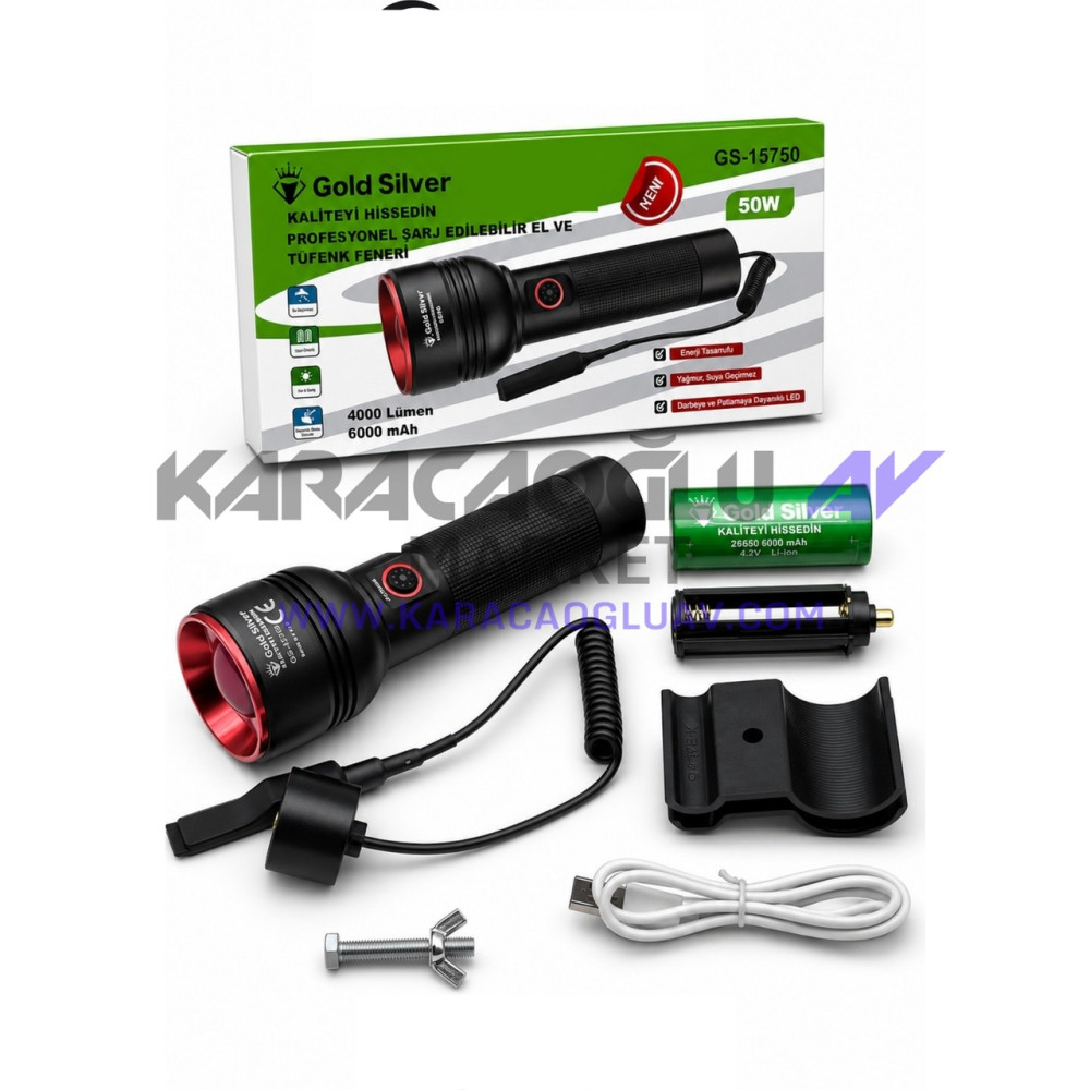 GOLD SİLVER GS-15750 FENER 50W 4000 LÜMEN TÜFEK EL FENERİ